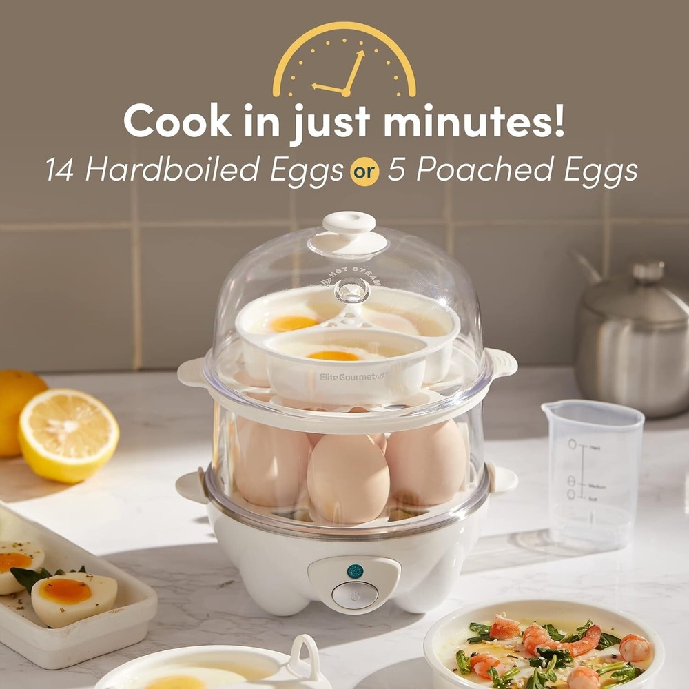 2-Tier Rapid Egg Cooker, 14-Egg Capacity with Buzzer & Auto Shut-Off, White