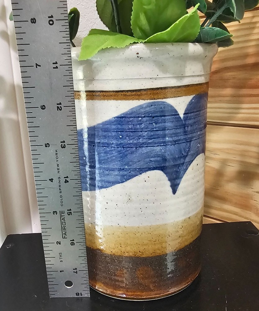 Signed Studio Pottery Vase Cream Blue Brown 7"