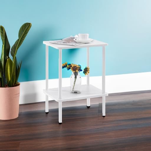 2 Tier End Table, Small Side Table with Solid Wood Legs, Boho Bedside Table w...