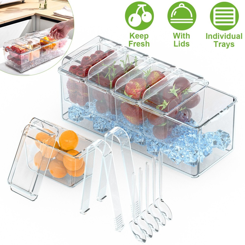 Ice Chilled Condiment Caddy, Condiment Server with Separate Lids Keep Fresh