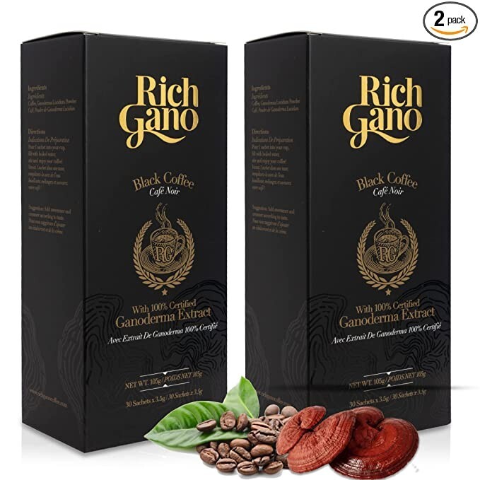2 Boxes RICH GANO Gold Black Coffee, Reishi, Ganoderma, Mushroom, 60 sachets
