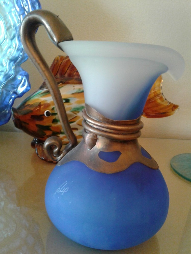 Blue And White Satin Glass Pitcher With Copper Handle And Collar ~ Signed