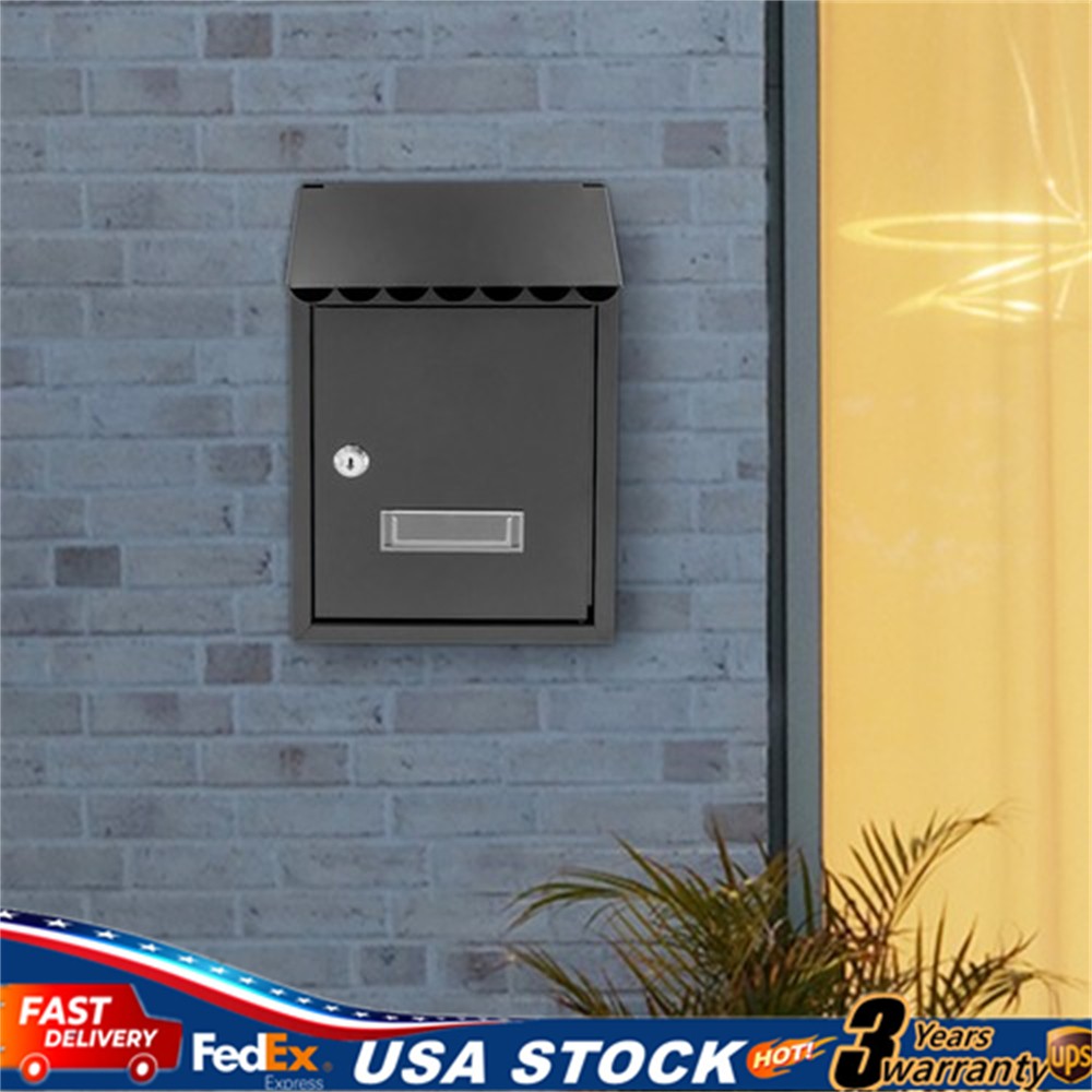 Wall Mount Rectangular Locking Mailbox W/ 2 Keys Black Residential Mail Box