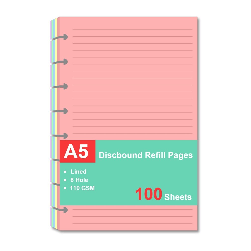 Junior Size Refills Paper, A5 Loose Leaf Paper for 100 Sheets, Clear,White