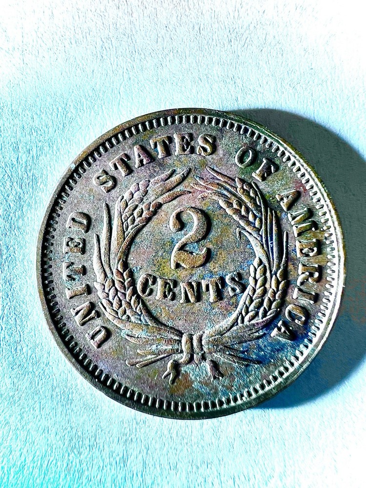 1866 BU 2 Cent Piece With Rare Mint Error Obverse Die Break Solid filled O