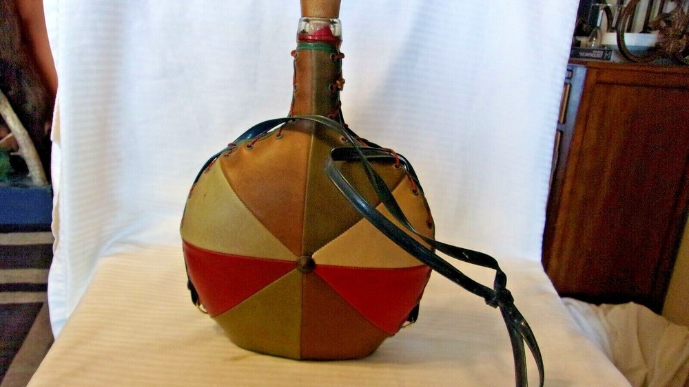 Multi Colored Leather Wrapped Glass Bottle, With Carrying Strap, Stopper