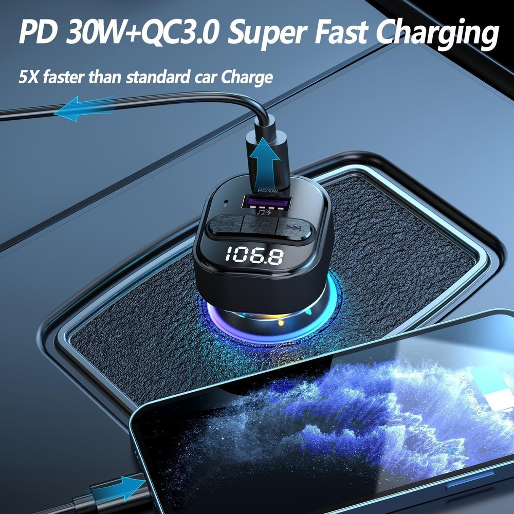 Bluetooth 5.3 FM Transmitter for Car, Bluetooth Car Adapter with Type-C PD30W...