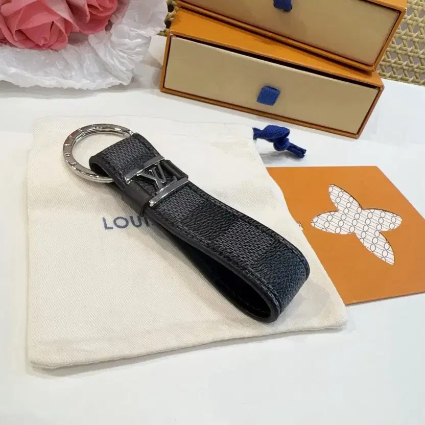 Louis Vuitton Black Leather Keyring with Silver Logo Official