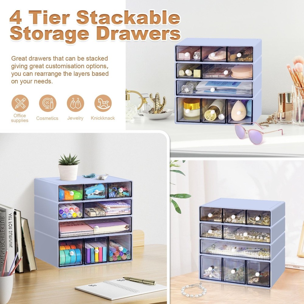Desk Organizer with 9 Drawers, 4 Tier Plastic Stackable Storage Drawers for D...