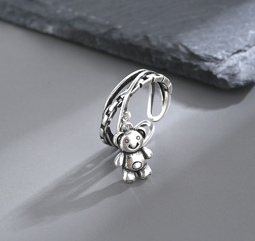 Punk Style Silver Teddy Bear Band Party Adjustable Band Ring