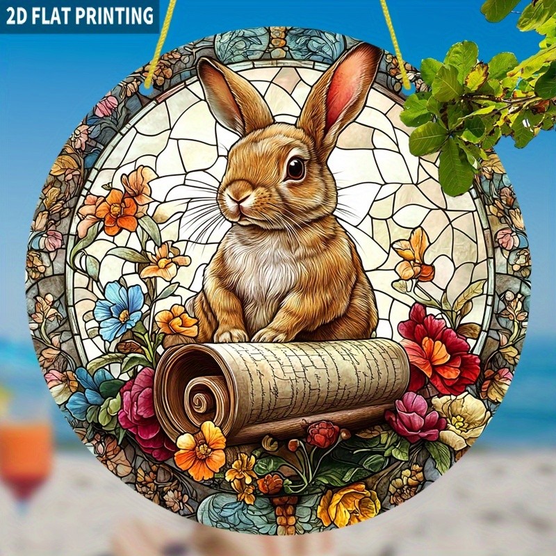 Bunny With Scroll Acrylic Suncatcher Floral Pattern Easter Window Hanging Decor