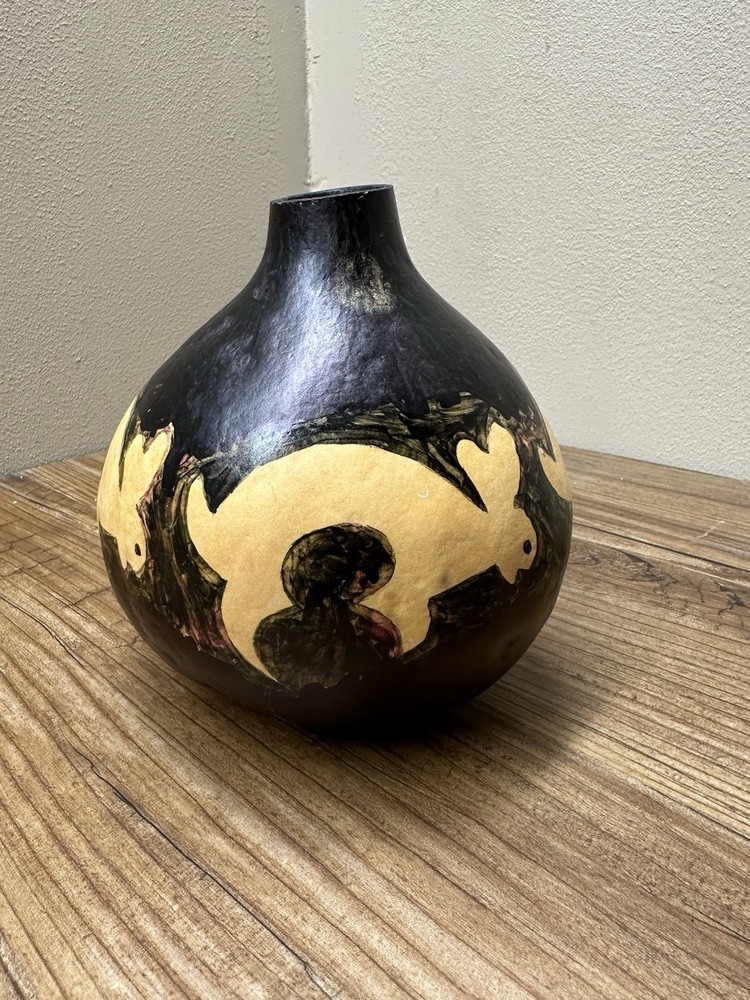 Gourd art with handpainted rabbit bunnies black & tan