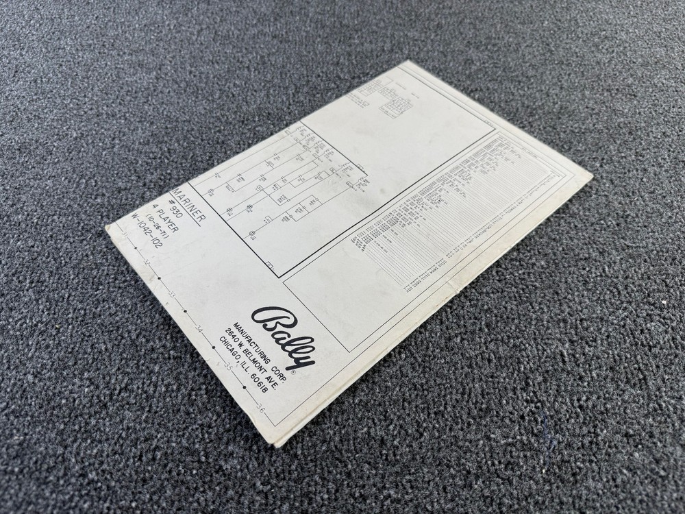 Bally Mariner Pinball Machine Game Manual Schematics ORIGINAL