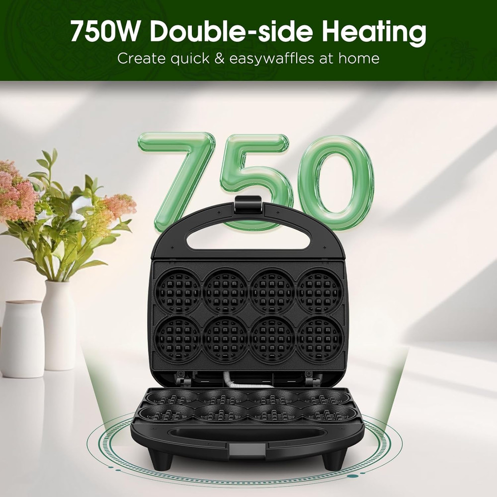 Mini Waffle Maker Kids Make Bite-Sized 8 2" Tiny Waffles Great Breakfast Snacks