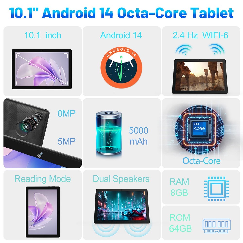 10 inch Octa-Core Android 14 Tablet 8+64GB ROM,Dual Camera Bluetooth WIFI