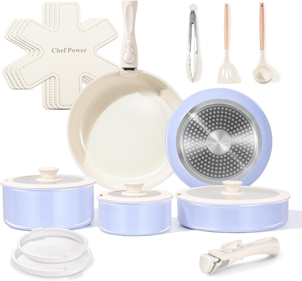 Ceramic Nonstick Pots and Pans Set 19 Piece with Detachable Handle,