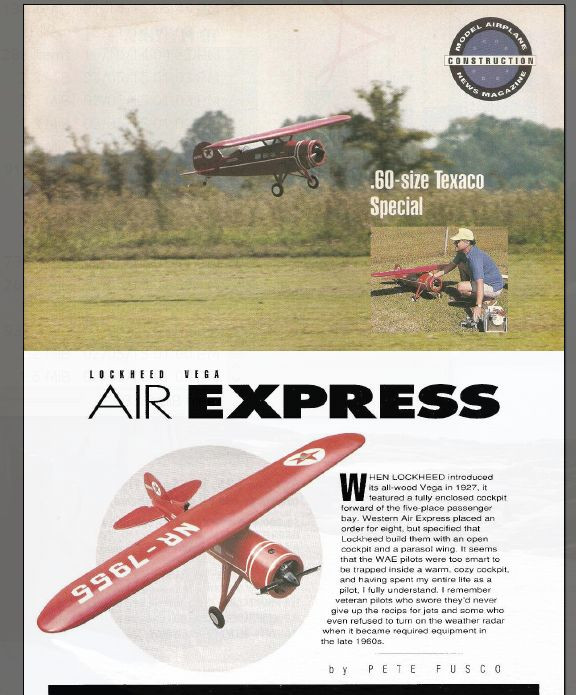 Lockheed Vega Air Express 61 INCH Wing span RC AIrplane Printed Plans