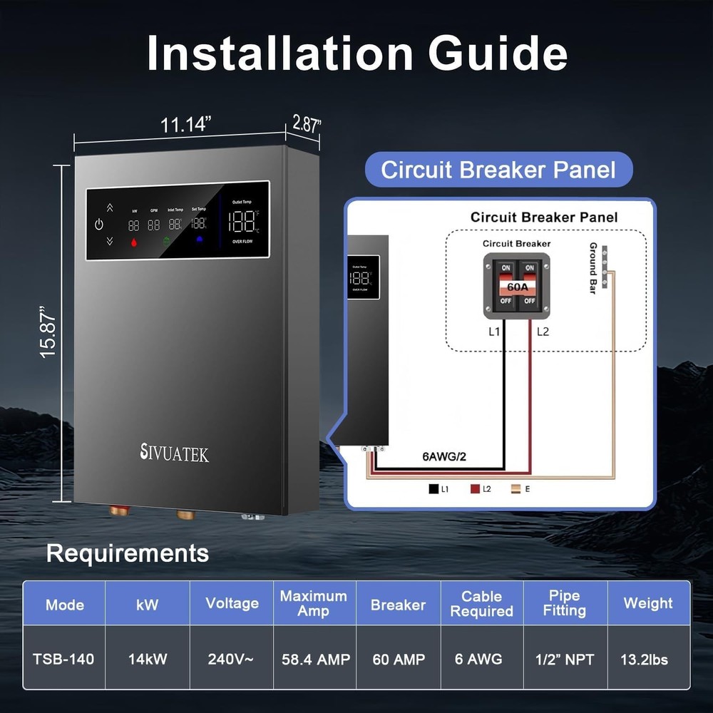 14kW Tankless Water Heater 240V On Demand LED 2 Point Use Compact