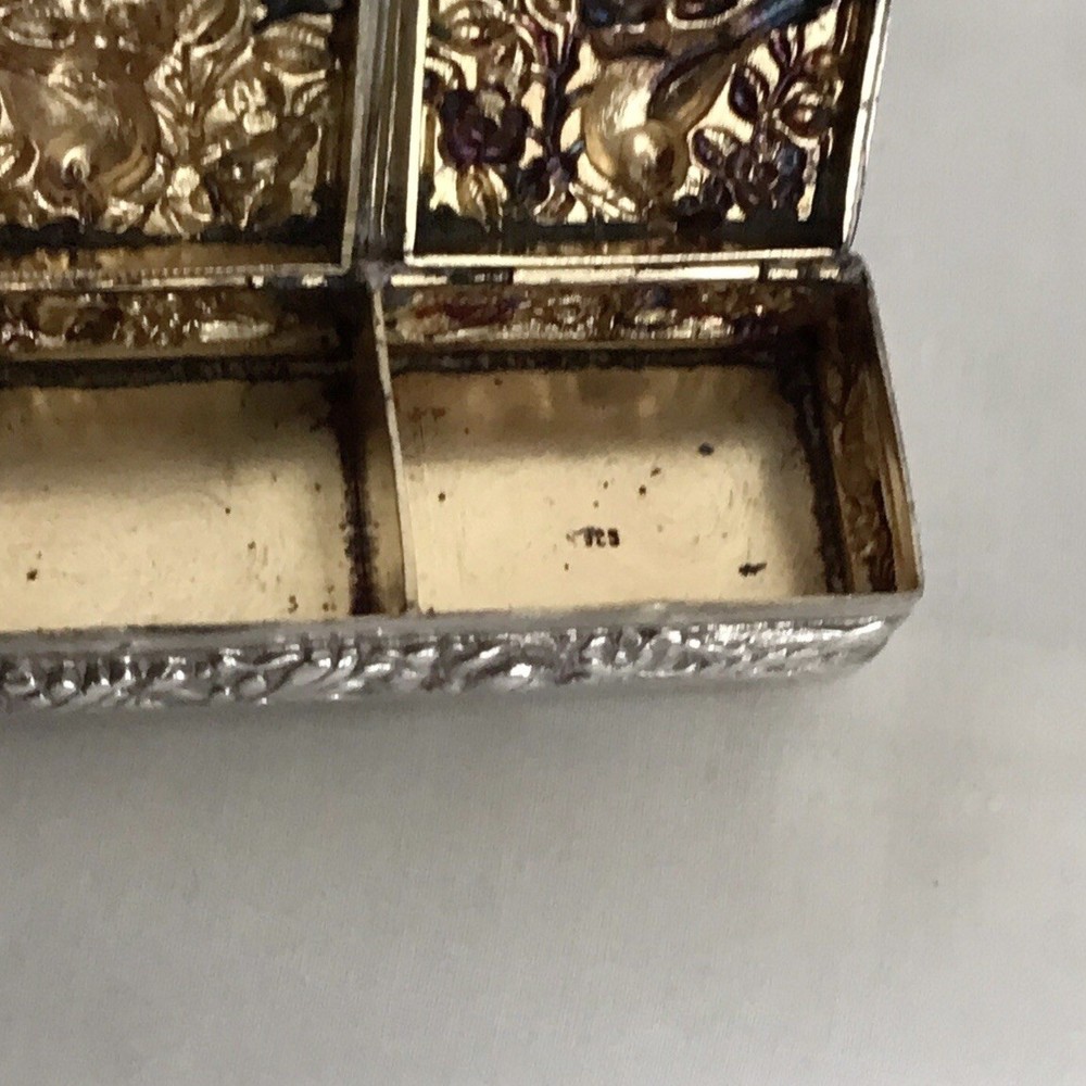 Solid Silver 925 Antique Little Blush Box, Hinged Lid & Two Compartments