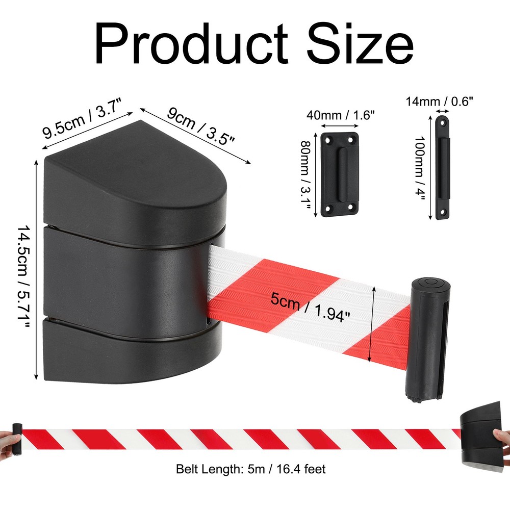 Wall Mount Band Barrier, 16.4 Ft Black Case Red White Belt