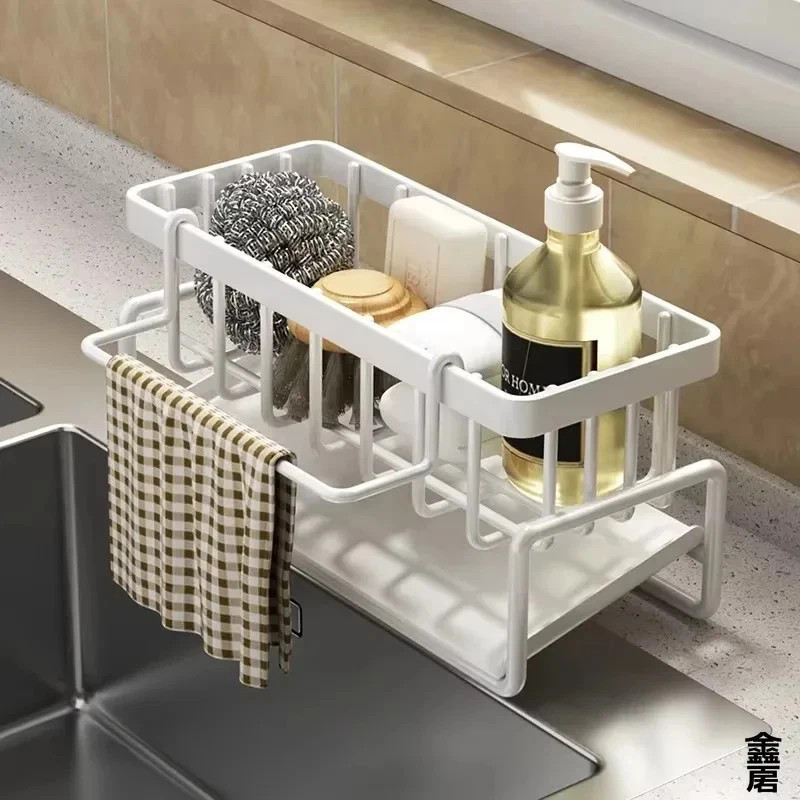 Sponge Holder Kitchen Sink Caddy Organizer with Self-draining Tray Towel Rack