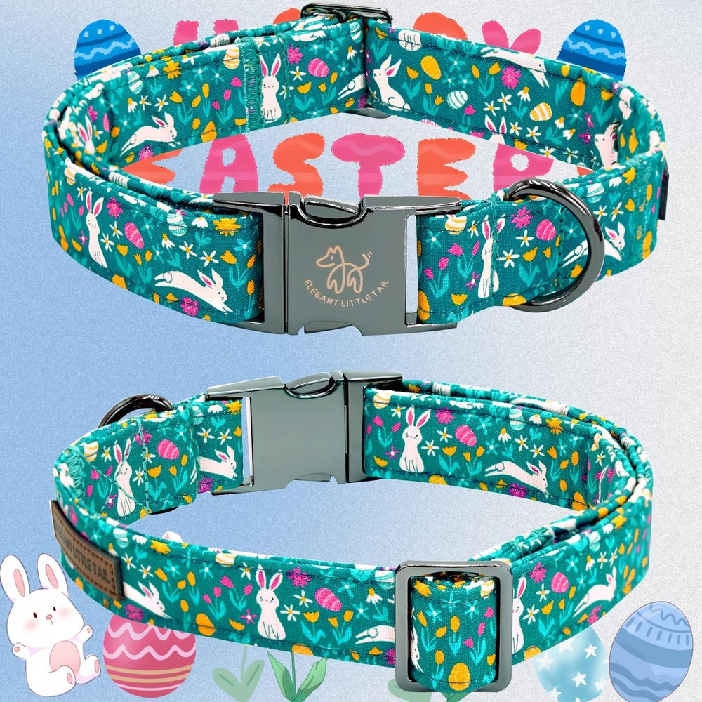 Medium Bunny Print Easter Dog Collar Cotton Adjustable with Buckle Closure