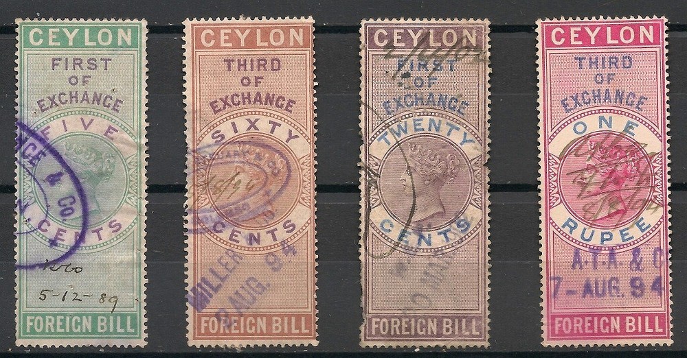 Ceylon Stamps 1889-1894 4 Foreign Bill Stamps Used