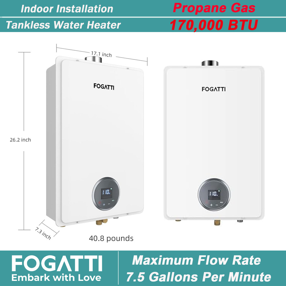FOGATTI 170,000 BTU Propane Gas Tankless Water Heater For Whole House Use 7.5GPM