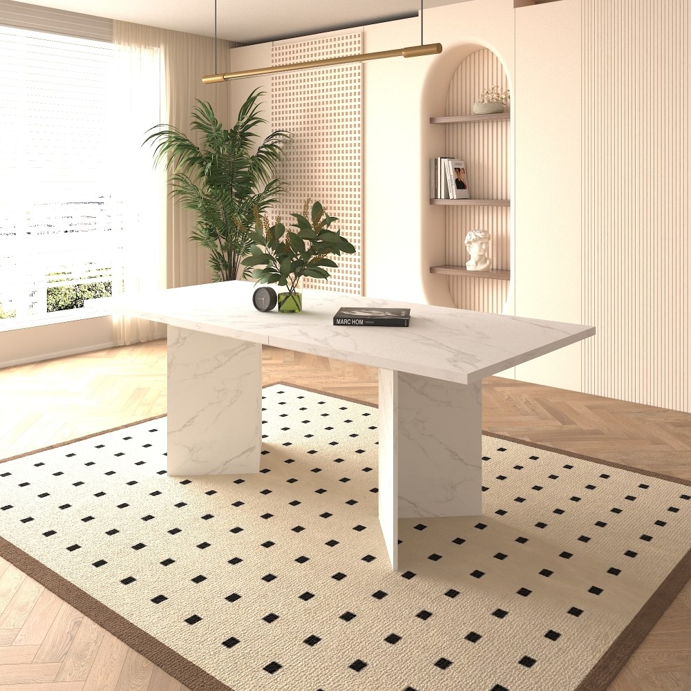 Extendable White Dining Table for 10 People Modern Faux Marble Rectangular Table