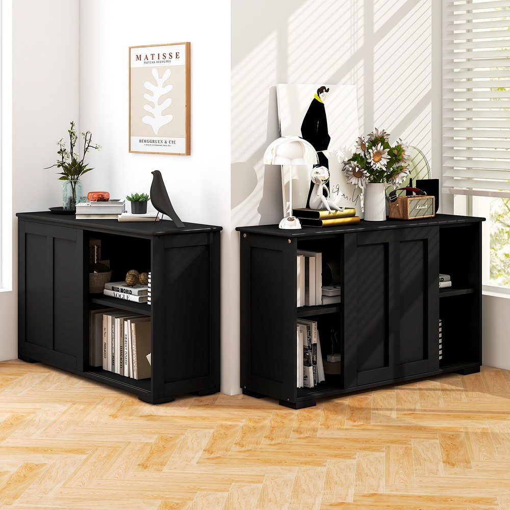 2PCS Stackable Buffet Sideboard w/ Sliding Doors & Adjustable Shelf Black