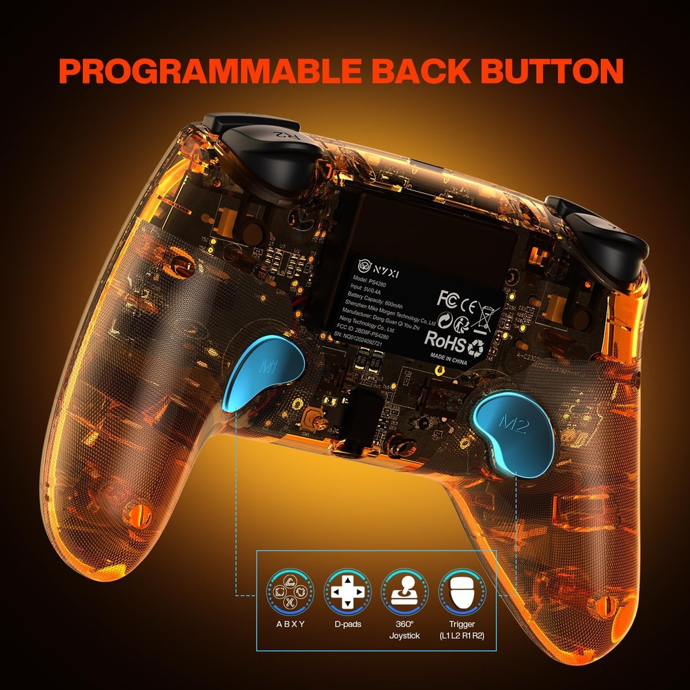Wireless Controller for PS4, Hall Effect Joysticks Triggers, Transparent Control