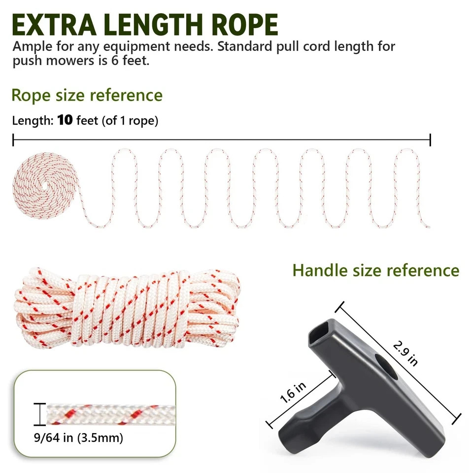3 Pack 10 ft x 9/64 (3.5mm) Pull Cord Rope with Starter Handle White & Red