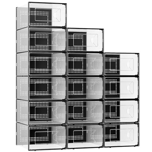 X-Large Shoe Storage Box Clear Plastic Stackable Shoe Organizer 15 Pack Black