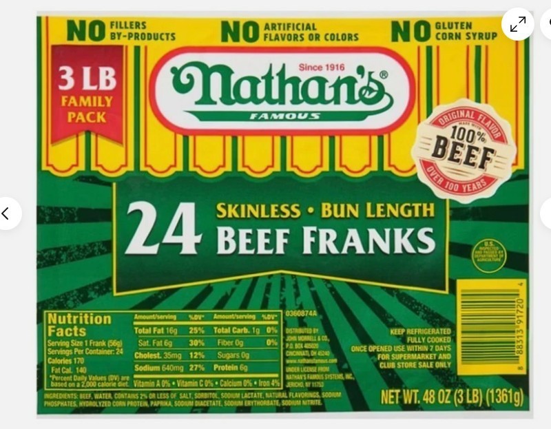 Nathan's Famous Skinless Beef Franks 3 lb
