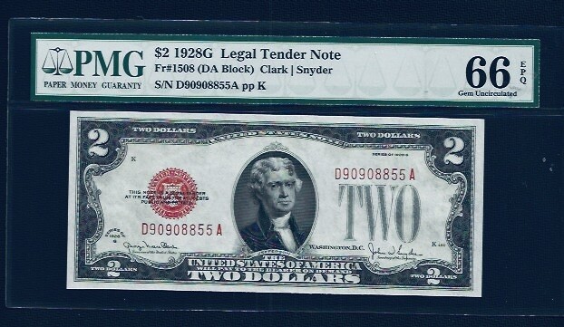 1928 $2 Legal Tender Note PMG GEM UNC 66 EPQ