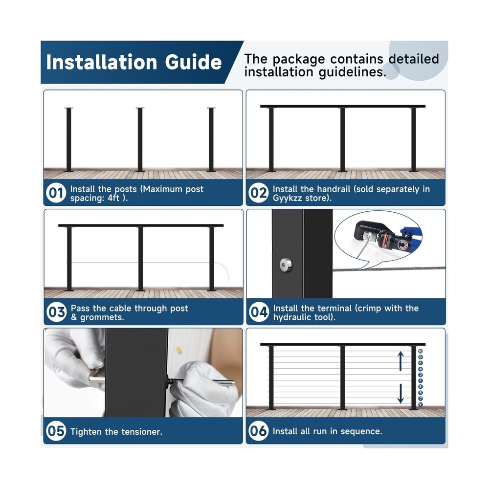 36" One-Stop Cable Railing Post Kit, 4 Pack Fixed Top Level Drilled Line Post...
