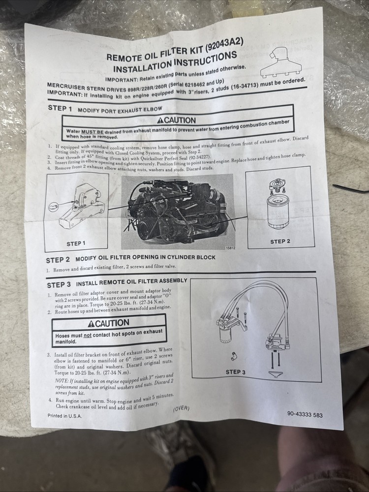 Mercruiser Complete Remote Oil Filter Kit 92043A2