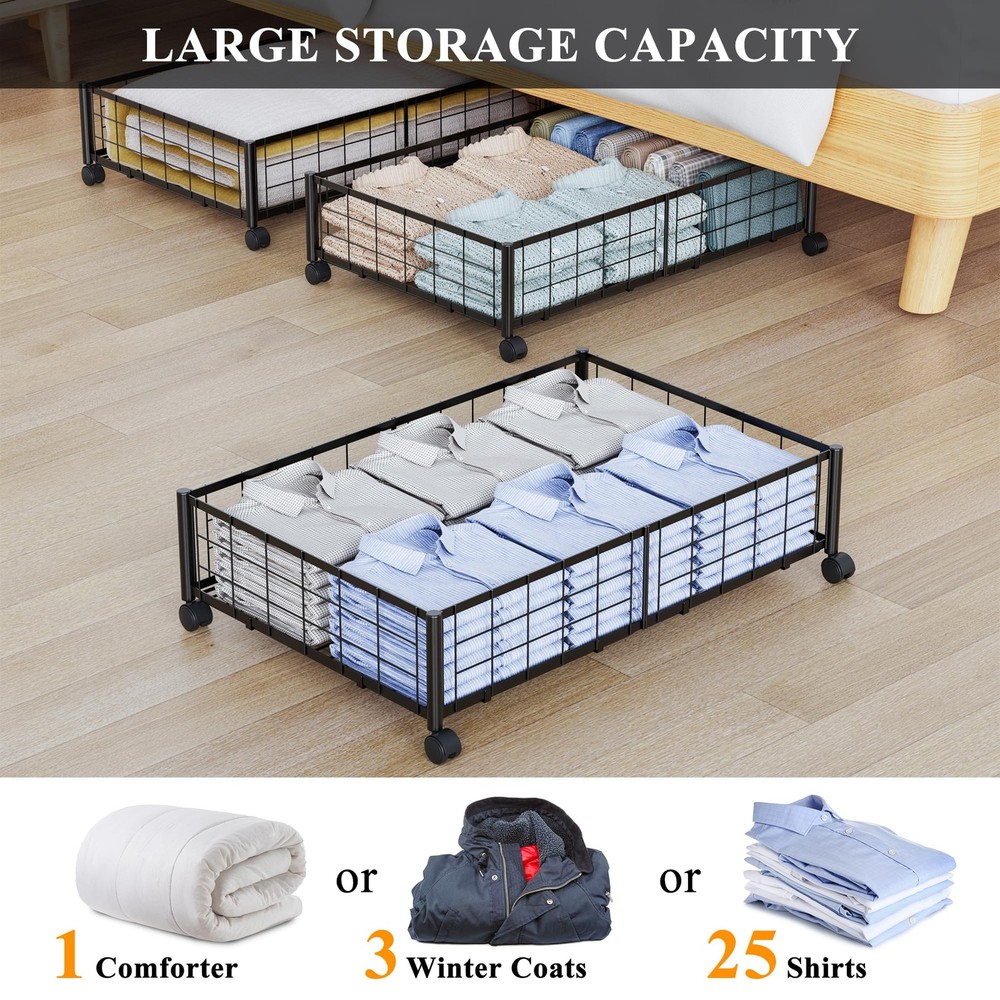 Under Bed Storage with Wheels, 360° Rotating, No-Assembly Underbed Storage Co...