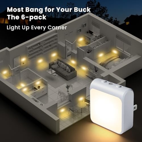 6-Pack Dimmable LED Night Lights with Dusk to Dawn Sensor, Adjustable Brightness