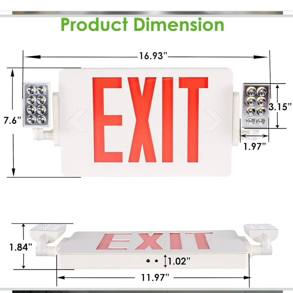 Combo Exit Sign, Light with 2 Adjustable Heads and Double, Back Up Batteries