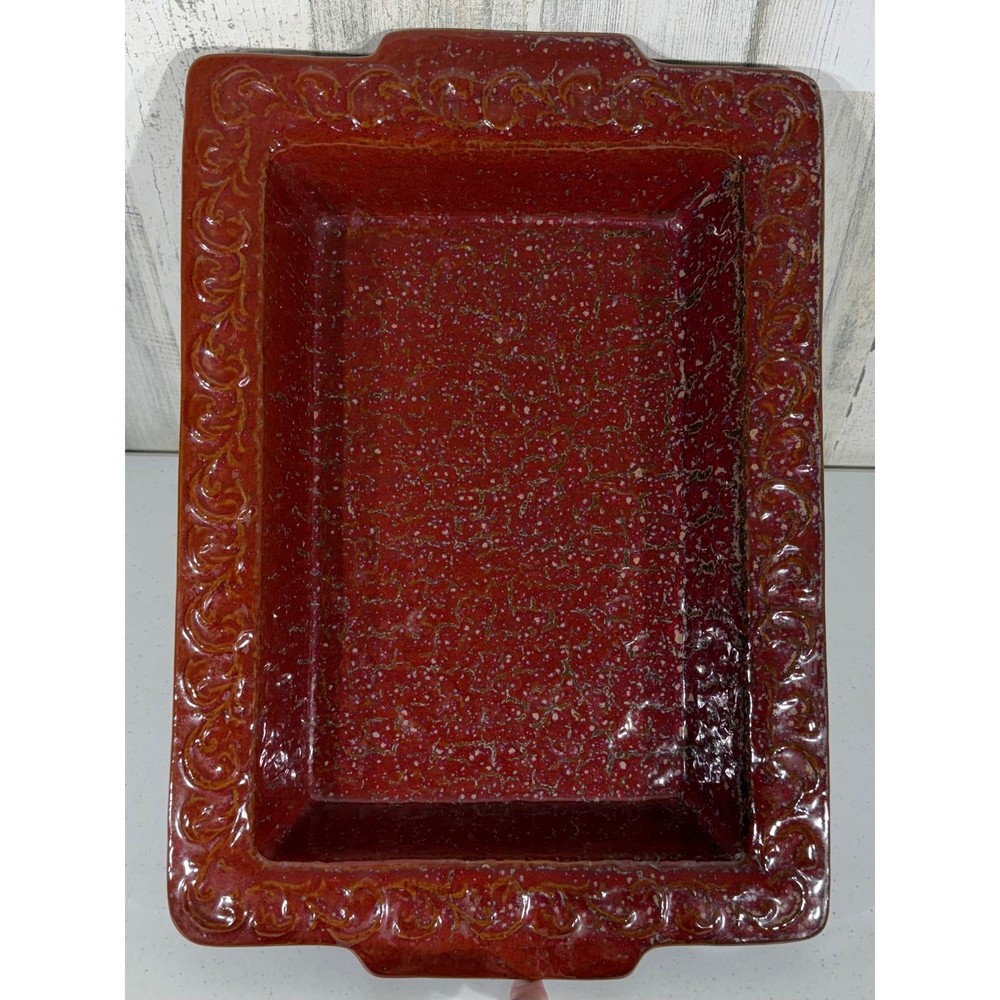 Rustic Red Ceramic Baking Casserole Dish with Wrought Iron Stand Leaf Accents