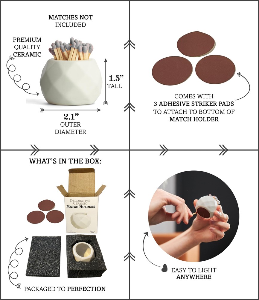 Classic White Ceramic Match Holder with Striker Pads - Decorative Matches in ...