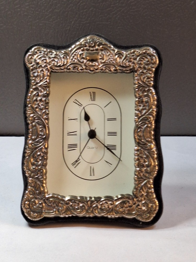Vtg Silver Framed Quartz Clock Scrolled Design Tabletop