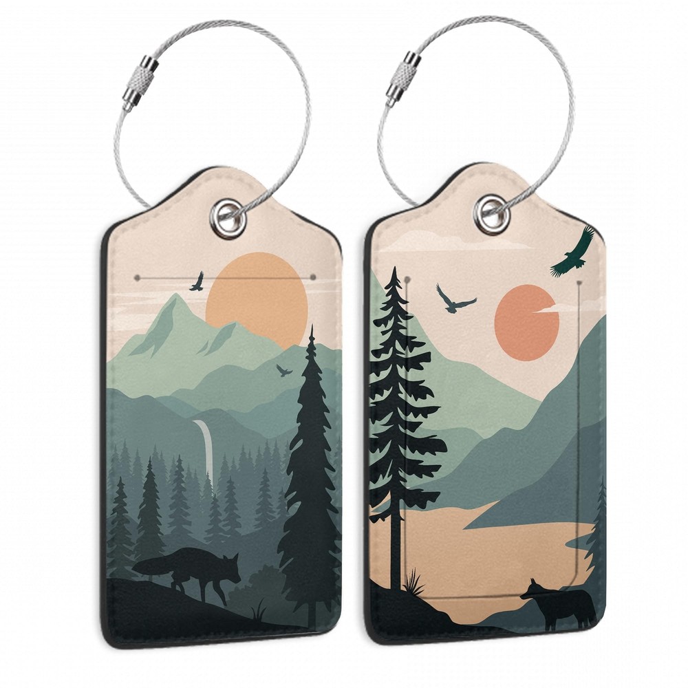 2 Pack Luggage Tags with Landscape with Mountain Tree Fox for Suitcases, Moun...