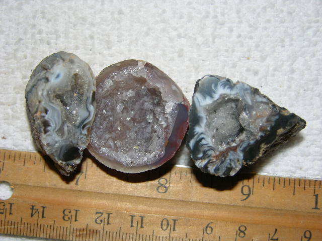 3 Agate geode halves cut & polished with druzy centers W3
