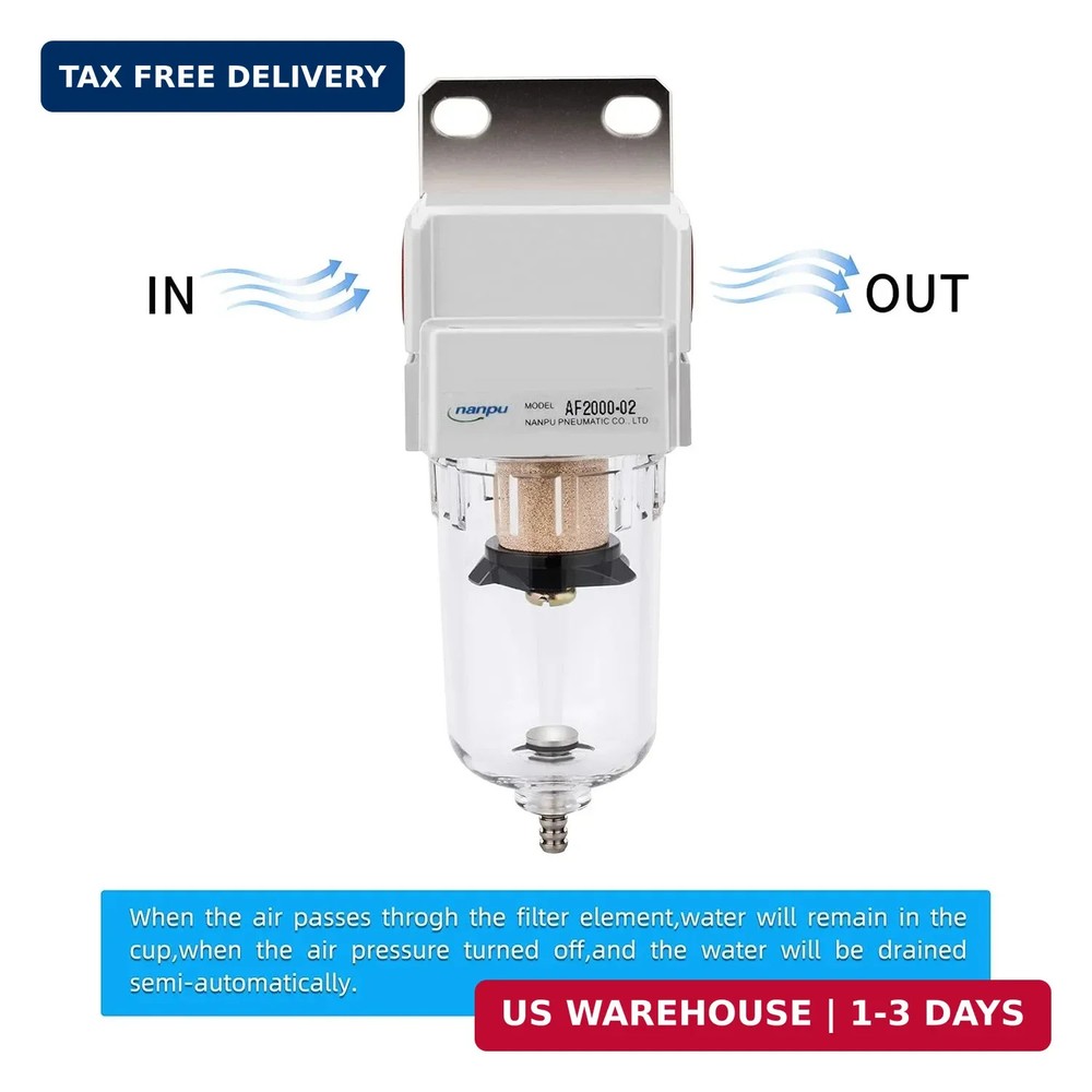 NANPU 1/4" NPT Compressed Air Line Filter, 5 Micron Brass Element, Bracket, Poly