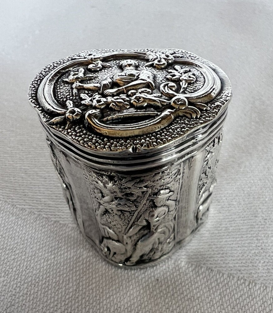 Antique 19th C Dutch Sterling Silver Repousse Pill Box