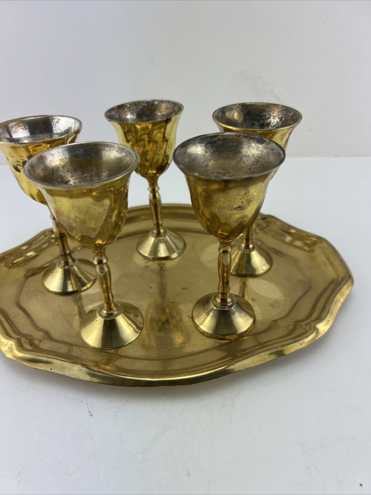 Vintage Mini Brass Goblet Cordials Set With Tray