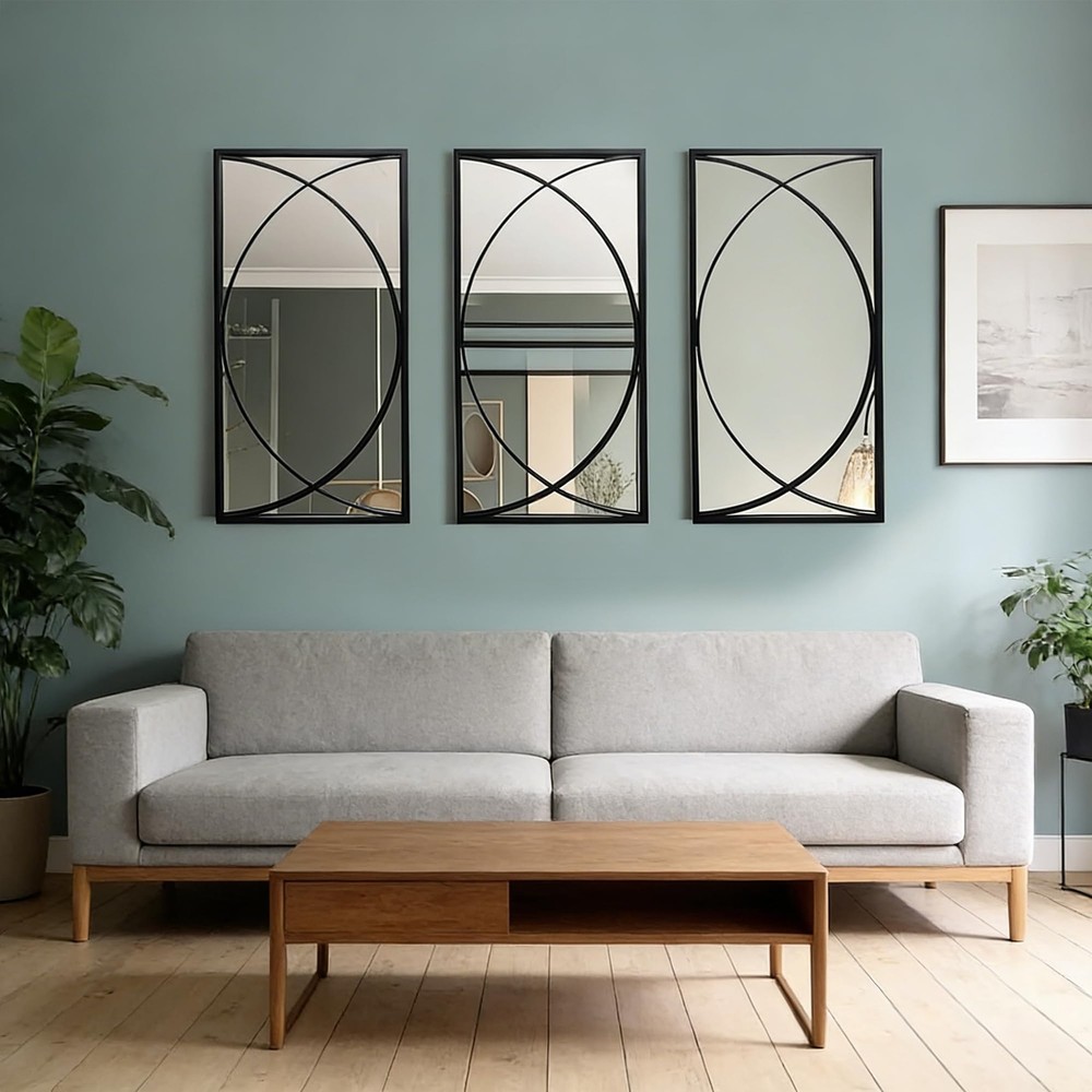 3 Pieces Black Rectangular Wall Mirror Set - Large Modern Metal Accent Mirror...