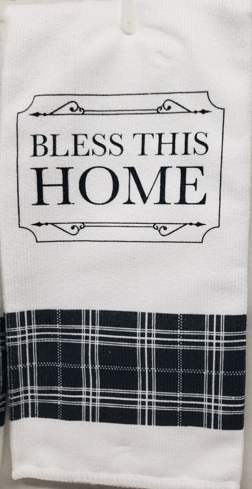 2 Same Microfiber Kitchen Towels (15" x 25") BLESS THIS HOME, BLACK & WHITE, GR